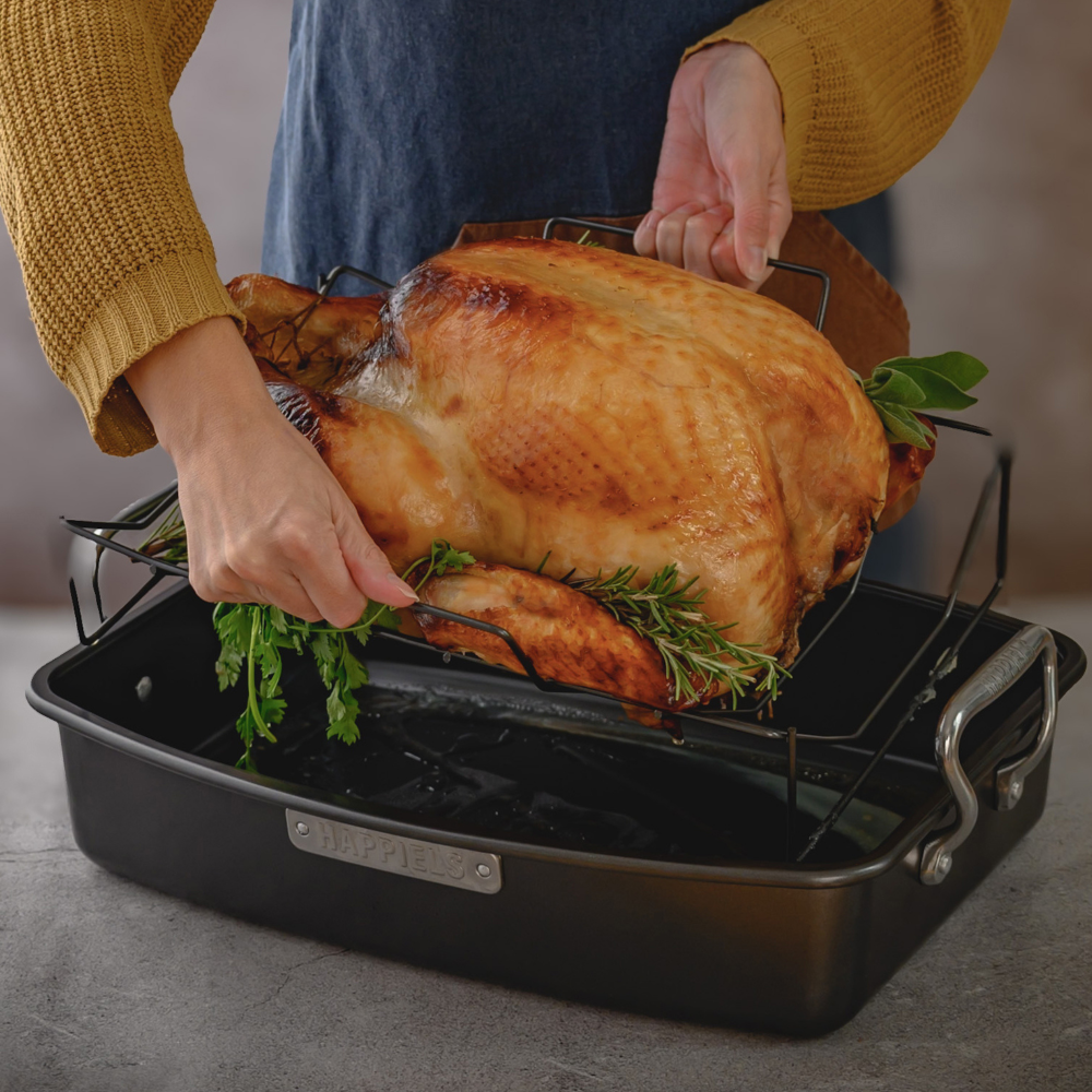 Person holding a roasted turkey in a roasting pan with a neutral background