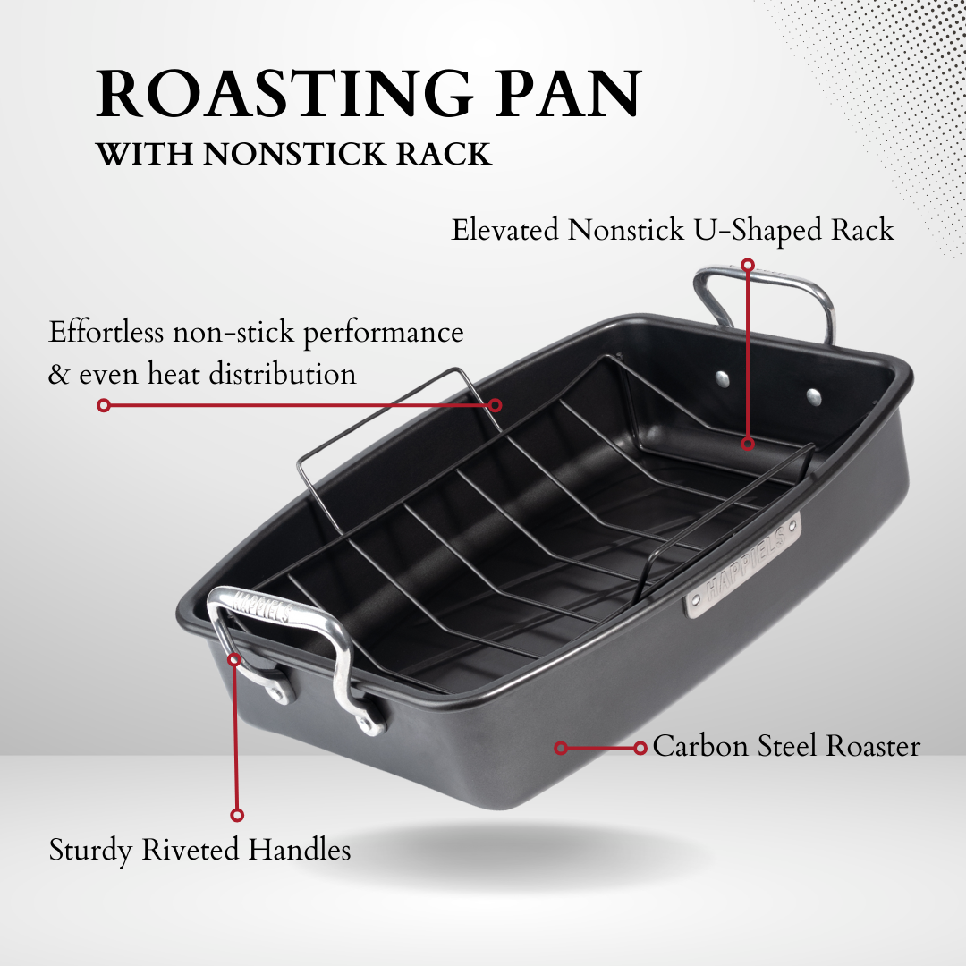 Roasting pan with nonstick rack on a light gray background