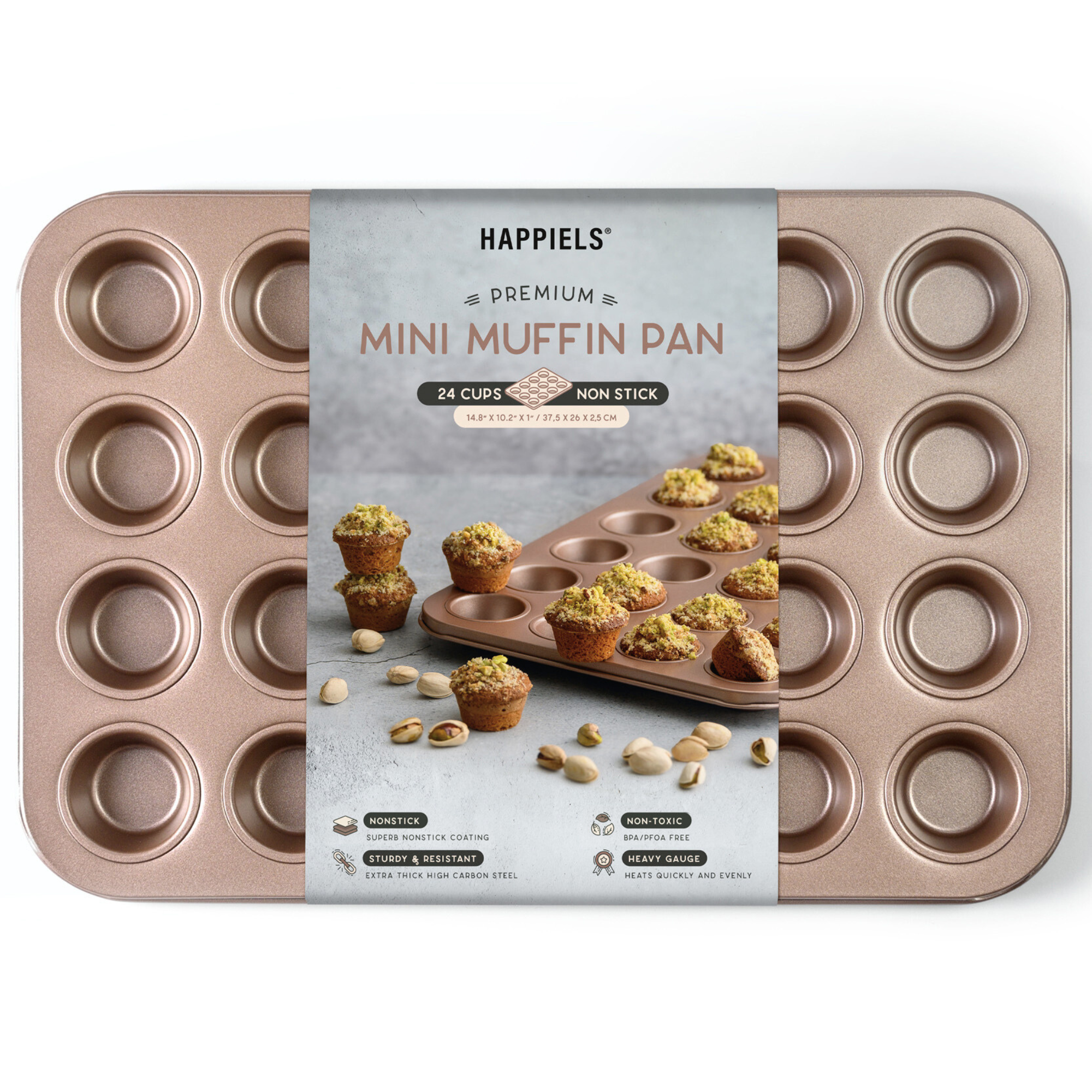 Happiels nonstick PFOA, BPA free mini muffin pan non stick toxic muffins pans best nontoxic cupcake tin cupcakes tins mold molds bakeware tray trays top rated carbon steel 24 cup cups