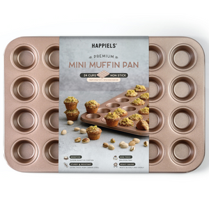 Happiels nonstick PFOA, BPA free mini muffin pan non stick toxic muffins pans best nontoxic cupcake tin cupcakes tins mold molds bakeware tray trays top rated carbon steel 24 cup cups