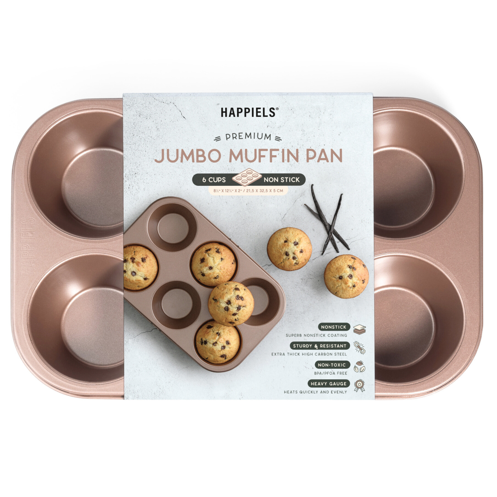 Happiels Jumbo muffin pan, jumbo tin, cupcake best large top rated pans, baking big cake tray, nonstick non stick, toxic, nontoxic, PFOA Free, happiels, tins, trays, for oven, bpa free, carbon steel, 6 cups cup