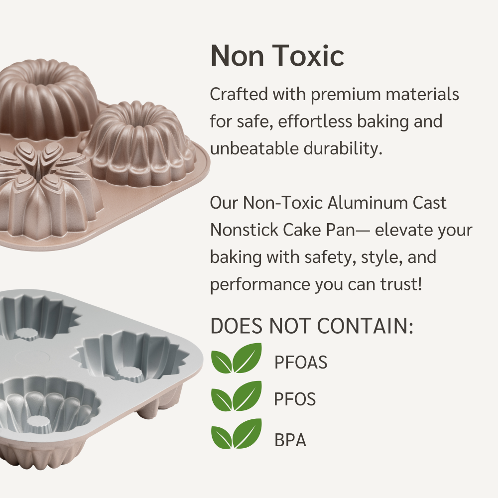 Two aluminum cast cake pans are shown on a light gray background with marketing text. The top pan is a warm beige/rose-gold tone and the bottom pan is silver.