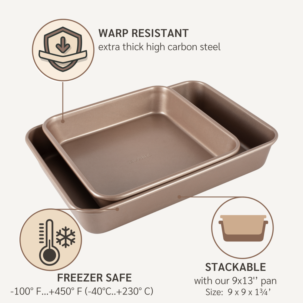 HAPPIELS nonstick PFOA, BPA free 9x9 baking pan non stick toxic 9x 9 pans best nontoxic x9 cake x square brownie 9 x 9 inch inches in