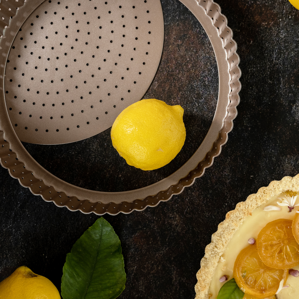 Happiels nonstick PFOA, BPA free tart pan non stick toxic fluted pans best nontoxic perforated mold 9 molds inch removable bottom inches with 9in 9inch 9inches holes tin tins pie quiche