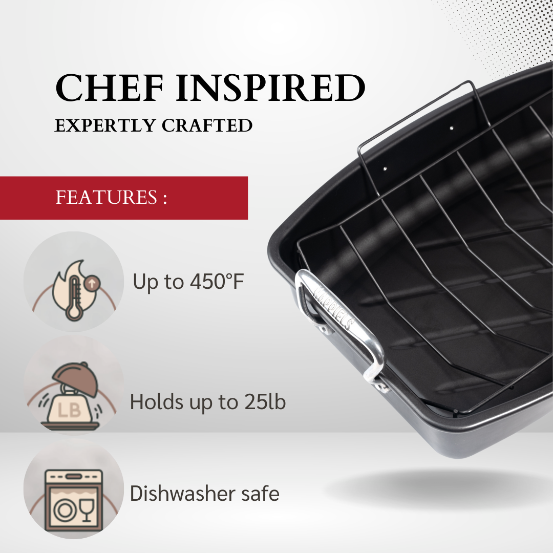 Cooking pan with features listed on a white background