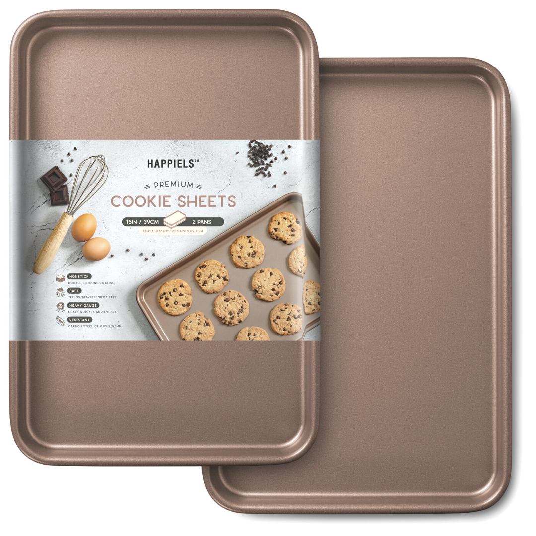 HAPPIELS Non-Toxic Nonstick 15-inch Baking Sheets Nonstick 2-Pack Premium Quality Extra Thick | Cookie Sheets Nonstick Set 15