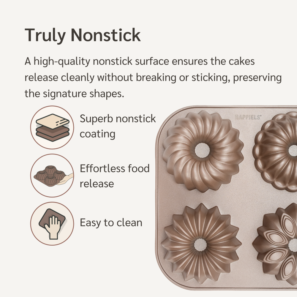 A six-piece nonstick bundt cake mold set shown on a light beige background with descriptive text and feature icons. The molds have a metallic rose gold finish, and the image highlights their 'Truly Nonstick' quality with icons for superb nonstick coating, effortless food release, and easy cleaning.