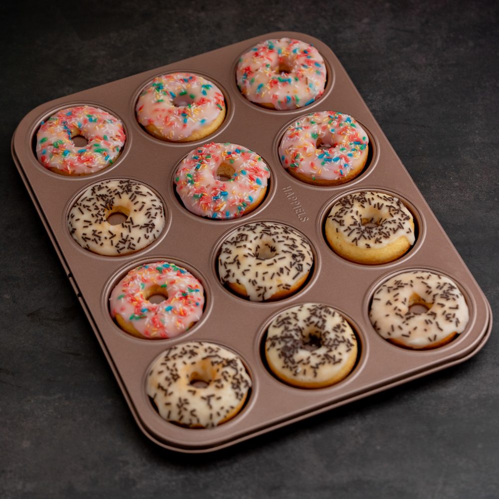 happiels donut pan best top rated nonstick donuts mold molds tin tins tray trays baking nonstick for oven non toxic nontoxic pfoa bpa free without no teflon 12 dozen holes