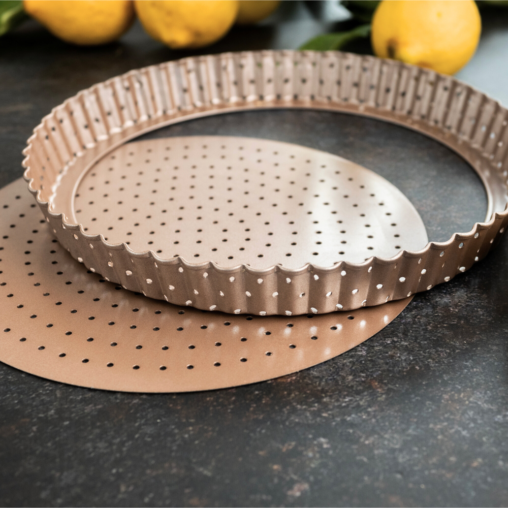 HAPPIELS Non Toxic Nonstick 9 Inch Tart Pan with Removable Bottom Perforated Round Gold Quiche Pan