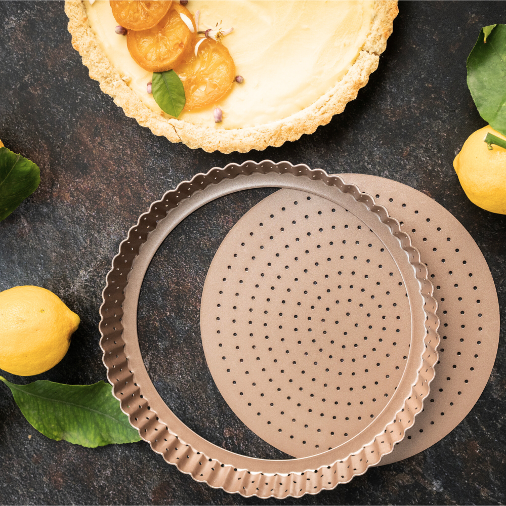 Happiels nonstick PFOA, BPA free tart pan non stick toxic fluted pans best nontoxic perforated mold 9 molds inch removable bottom inches with 9in 9inch 9inches holes tin tins pie quiche 