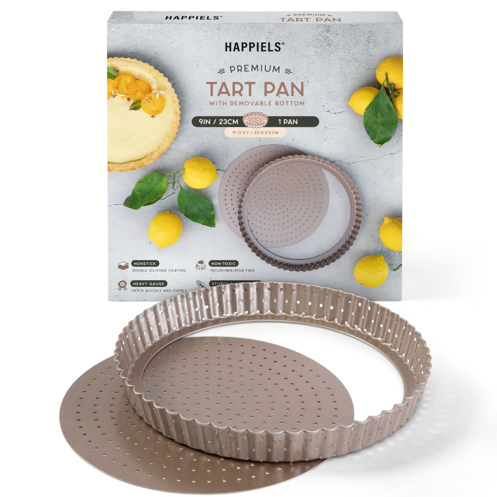 Happiels nonstick PFOA, BPA free tart pan non stick toxic fluted pans best nontoxic perforated mold 9 molds inch removable bottom inches with 9in 9inch 9inches holes tin tins pie quiche 