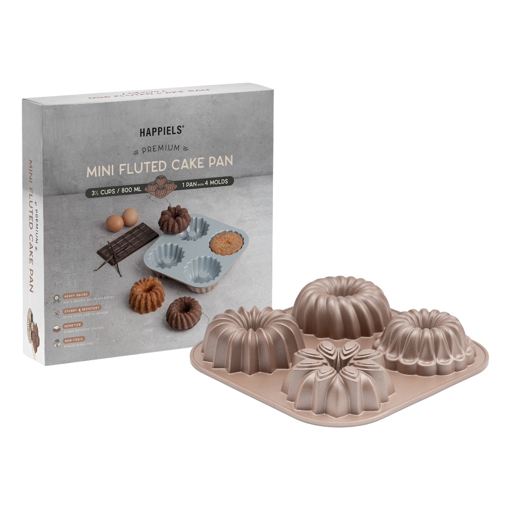Happiels Premium Mini Fluted Cake Pan set with a 3-cup, 800 ml, 1-piece mold, shown next to its gray product packaging box on a white background.