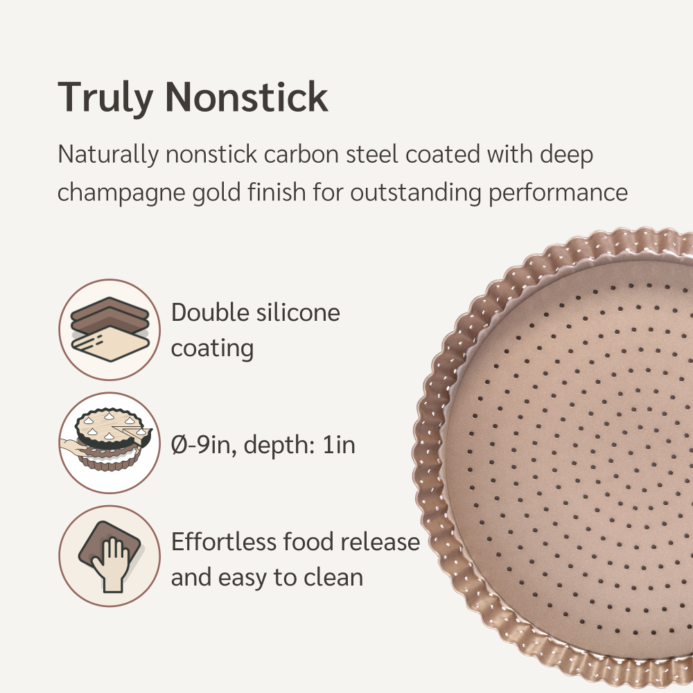 Happiels nonstick PFOA, BPA free tart pan non stick toxic fluted pans best nontoxic perforated mold 9 molds inch removable bottom inches with 9in 9inch 9inches holes tin tins pie quiche 