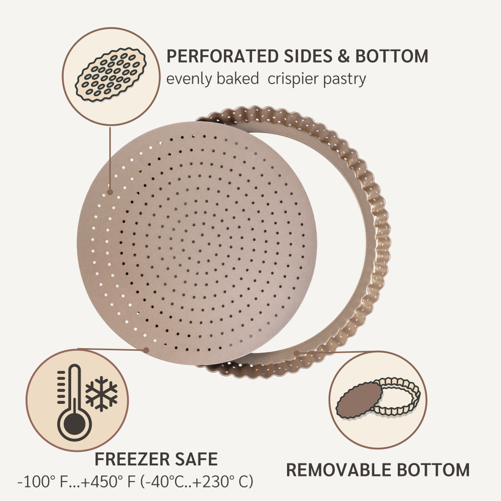 Happiels nonstick PFOA, BPA free tart pan non stick toxic fluted pans best nontoxic perforated mold 9 molds inch removable bottom inches with 9in 9inch 9inches holes tin tins pie quiche 