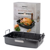 Happiels roasting pan with a roasted chicken on a white background